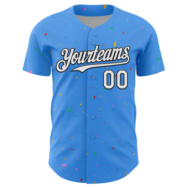 Custom Electric Blue White-Black 3D Pattern Design Confetti Colorful Speckle Authentic Baseball Jersey