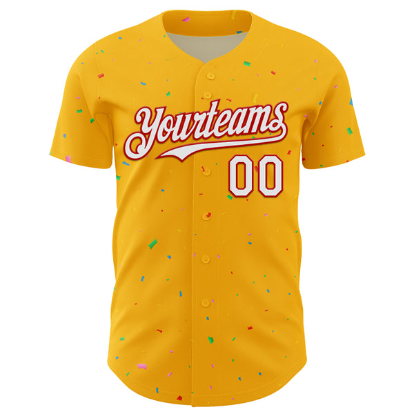 Custom Gold White-Red 3D Pattern Design Confetti Colorful Speckle Authentic Baseball Jersey