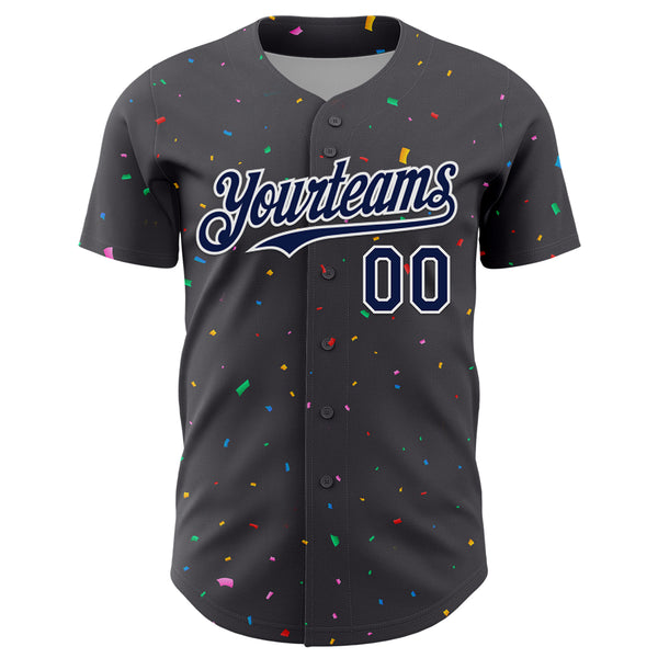 Custom Steel Gray Navy-White 3D Pattern Design Confetti Colorful Speckle Authentic Baseball Jersey