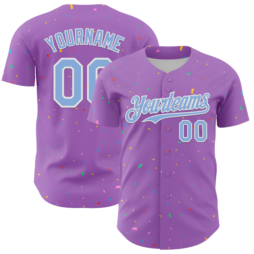 Custom Medium Purple Light Blue-White 3D Pattern Design Confetti Colorful Speckle Authentic Baseball Jersey