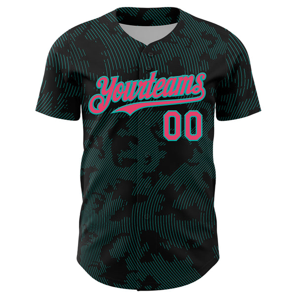 Custom Black Neon Pink-Aqua Curve Lines Authentic Baseball Jersey