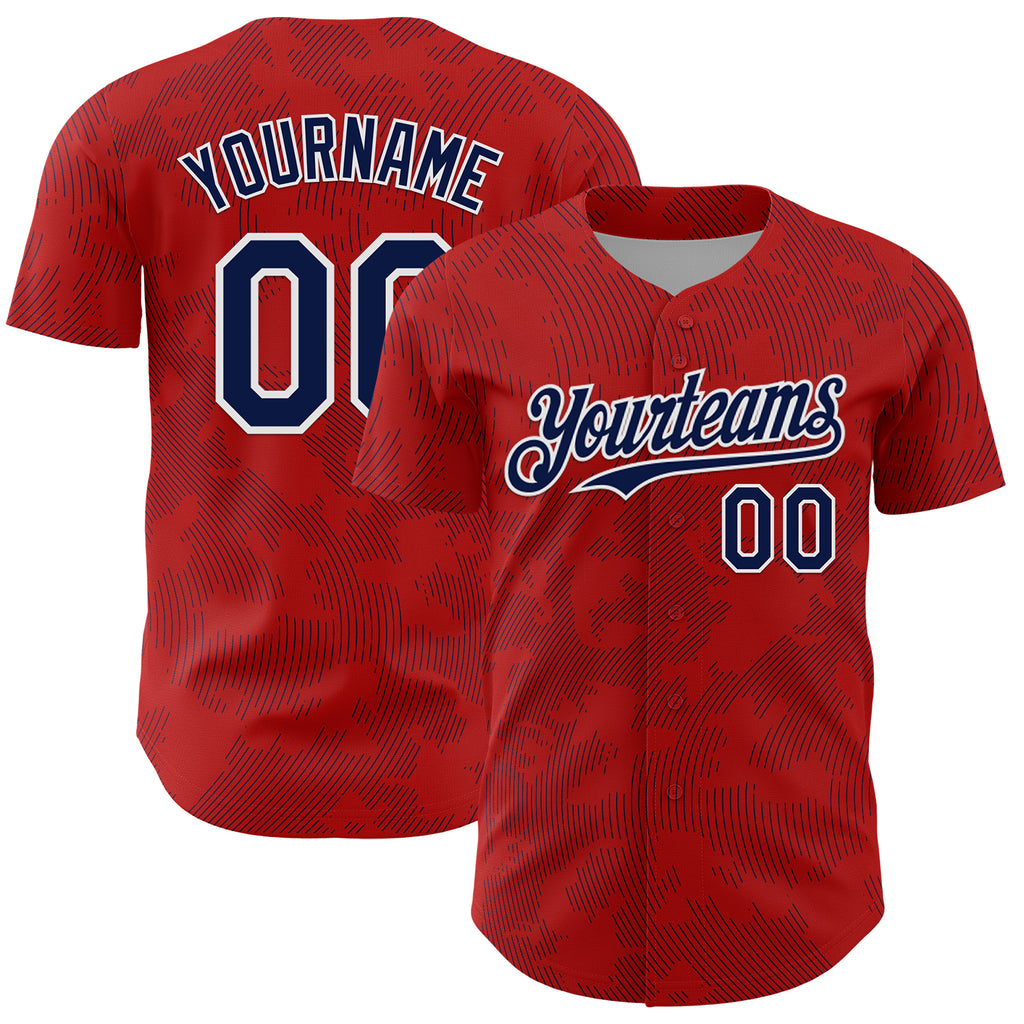 Custom Red Navy-White Curve Lines Authentic Baseball Jersey