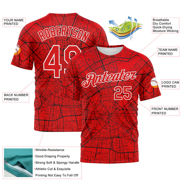 Custom Fire Red-White 3D Pattern City Street Map Urban Grid Performance T-Shirt