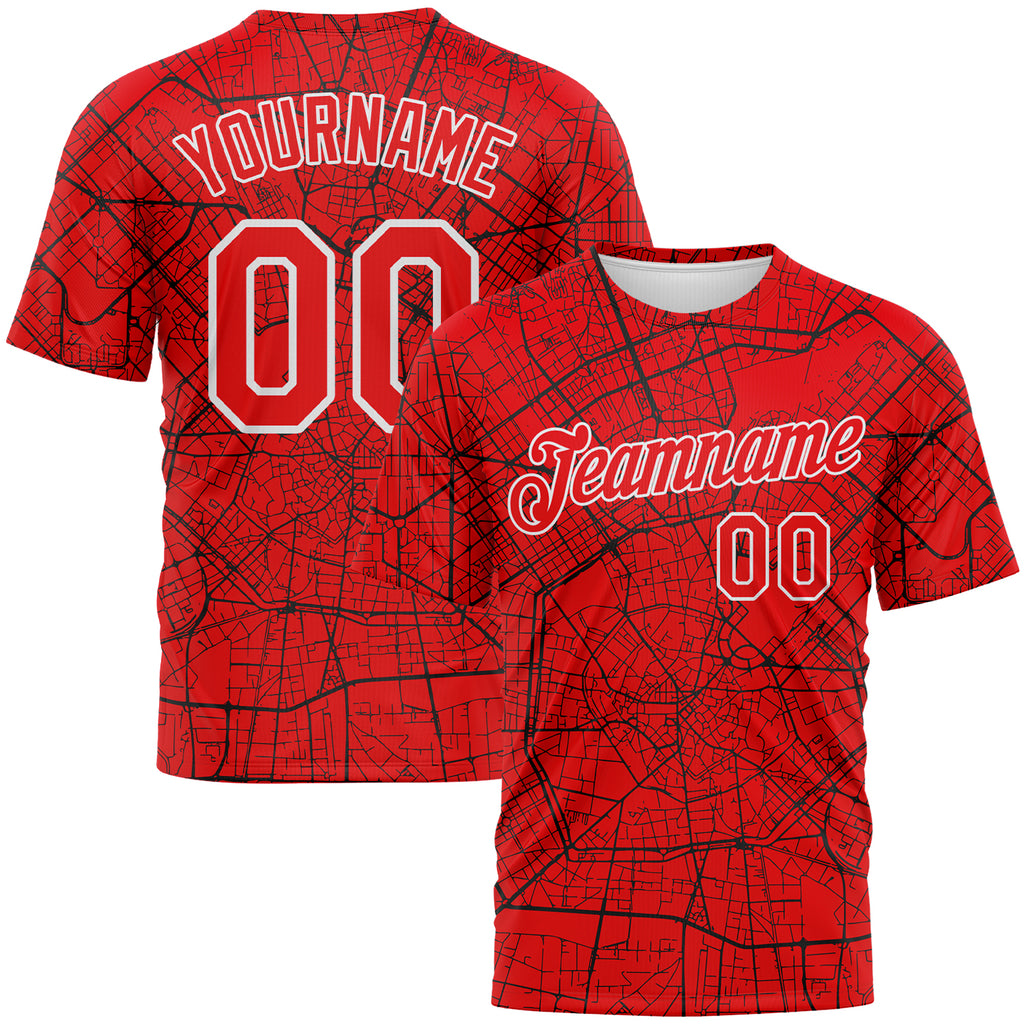 Custom Fire Red-White 3D Pattern City Street Map Urban Grid Performance T-Shirt