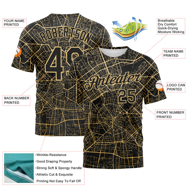 Custom Black-City Cream 3D Pattern City Street Map Urban Grid Performance T-Shirt
