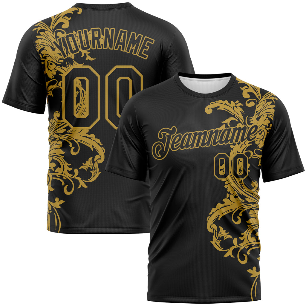 Custom Black-Old Gold 3D Pattern Baroque Rococo Floral Scrollwork Performance T-Shirt