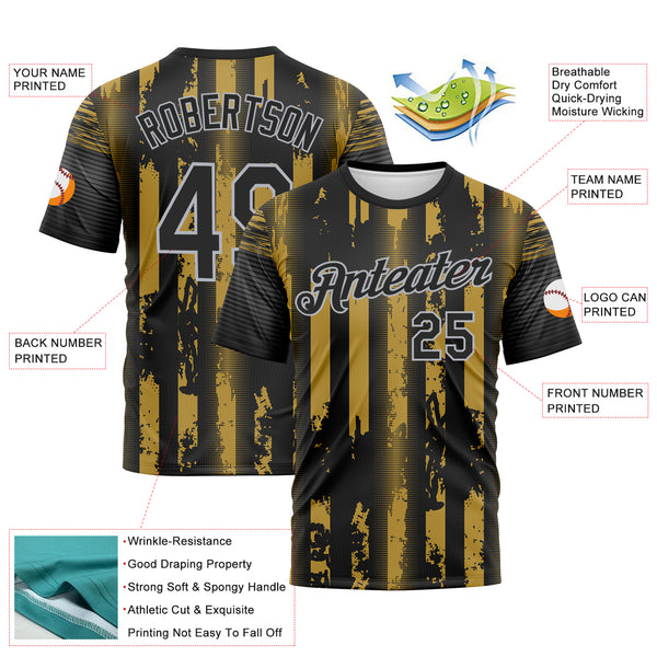 Custom Old Gold Black-Gray 3D Pattern Vintage Vertical Stripe Fantasy Performance T-Shirt
