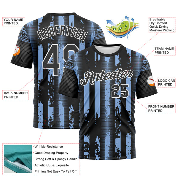 Custom Light Blue Black-White 3D Pattern Vintage Vertical Stripe Fantasy Performance T-Shirt