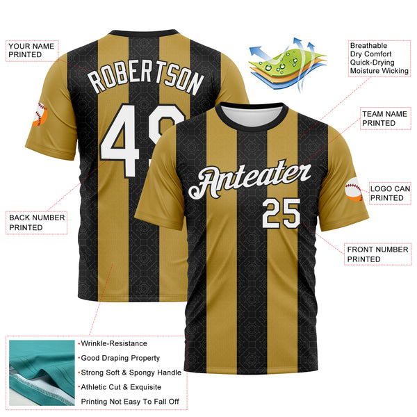Custom Old Gold White-Black 3D Pattern Vertical Stripe Geometric Performance T-Shirt