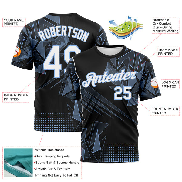 Custom Light Blue White-Black 3D Pattern Abstract Geometric Shattered Angular Performance T-Shirt