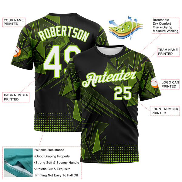 Custom Neon Green White-Black 3D Pattern Abstract Geometric Shattered Angular Performance T-Shirt