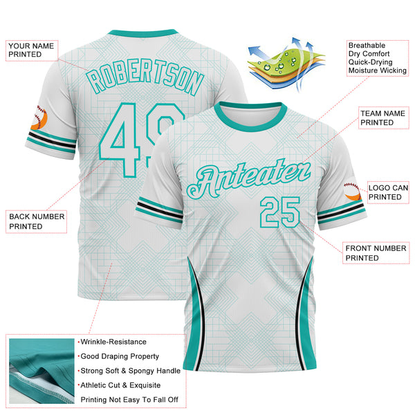 Custom White-Aqua 3D Pattern Geometric Retro Athletic Performance T-Shirt