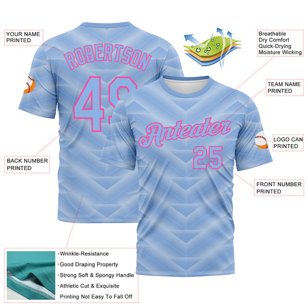 Custom Light Blue-Pink 3D Pattern Geometric Chevron Texture Performance T-Shirt