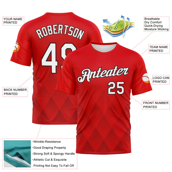 Custom Fire Red White-Black 3D Pattern Diamond Vintage Argyle Performance T-Shirt