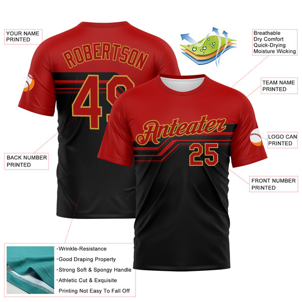 Custom Red Black-Old Gold 3D Pattern Varsity Style Retro Stripe Performance T-Shirt