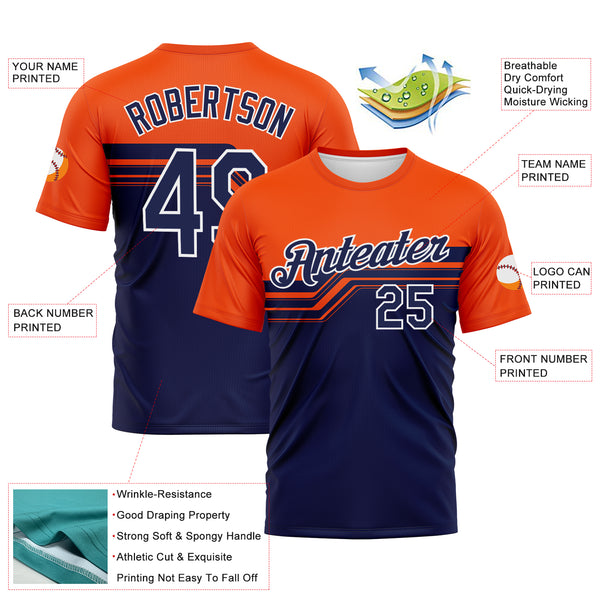 Custom Orange Navy-White 3D Pattern Varsity Style Retro Stripe Performance T-Shirt