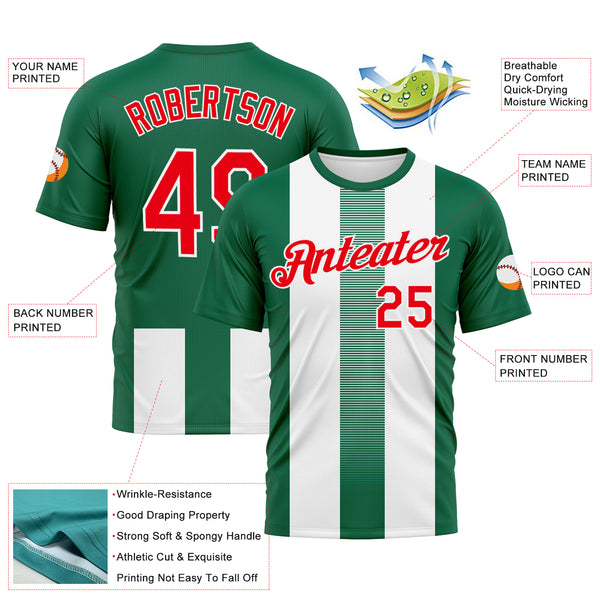 Custom Kelly Green Fire Red-White 3D Pattern Vertical Stripe Vintage Style Performance T-Shirt