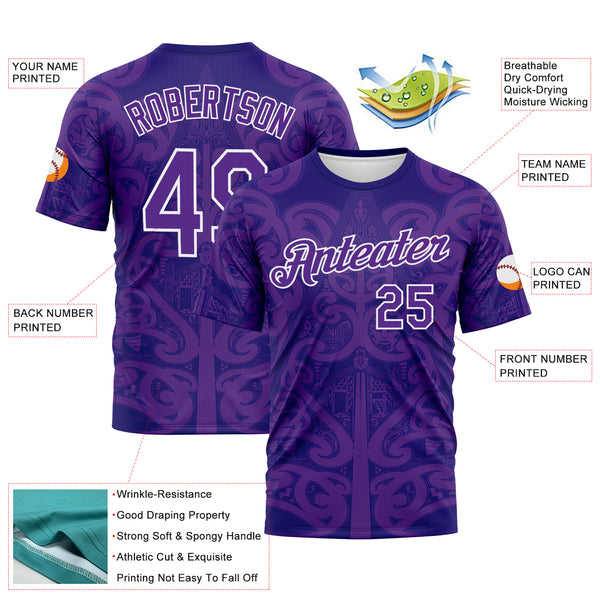 Custom Dark Purple Purple-White 3D Pattern Maori Tribal Tattoo Performance T-Shirt
