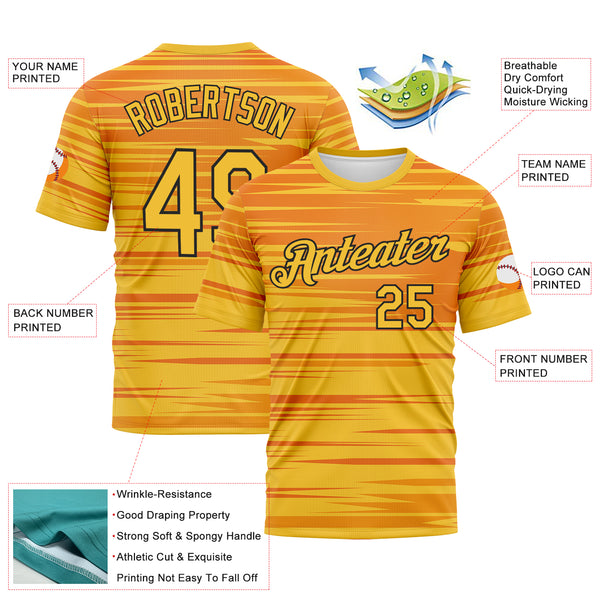 Custom Bay Orange Gold-Black 3D Pattern Dynamic Lineal Stripe Gradient Performance T-Shirt