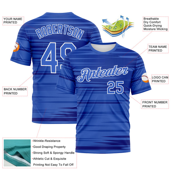 Custom Light Blue Royal-White 3D Pattern Dynamic Lineal Stripe Gradient Performance T-Shirt