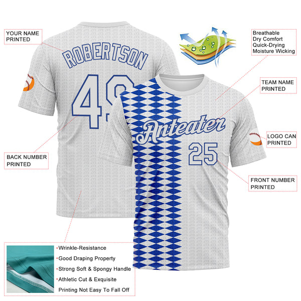 Custom White Thunder Blue-Gray 3D Pattern Classic Argyle Diamond Performance T-Shirt