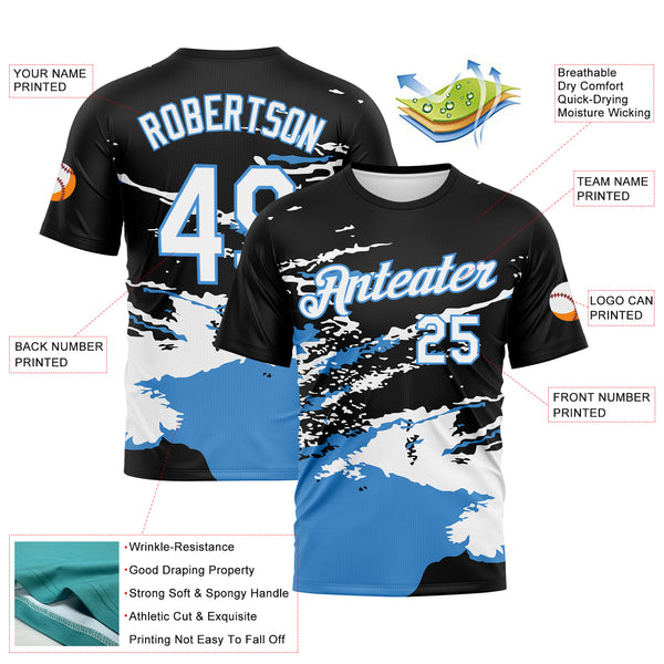 Custom Black White-Powder Blue 3D Pattern Splash Performance T-Shirt