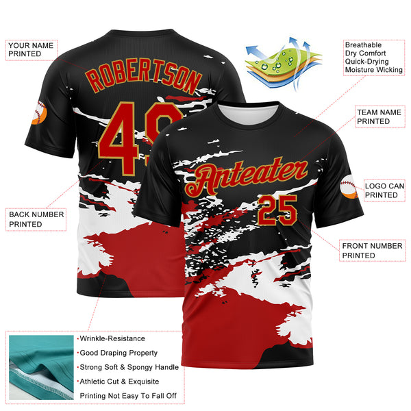 Custom Black Red White-Old Gold 3D Pattern Splash Performance T-Shirt