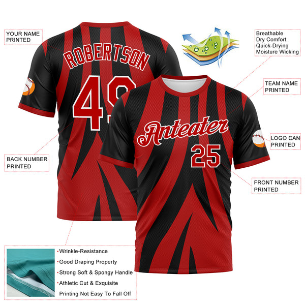 Custom Black Red-White 3D Pattern Jagged Stripe Abstract Geometric Performance T-Shirt