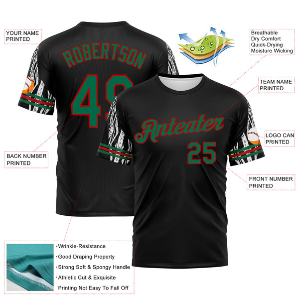 Custom Black Kelly Green-Red 3D Pattern Zebra Performance T-Shirt