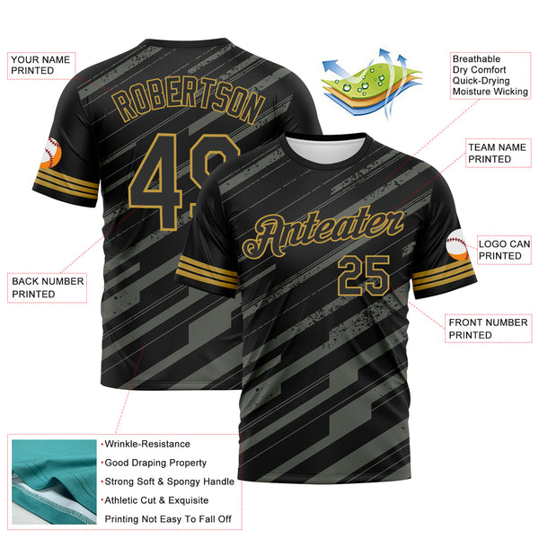 Custom Black Steel Gray-Old Gold 3D Pattern Diagonal Stripe Speed Line Performance T-Shirt