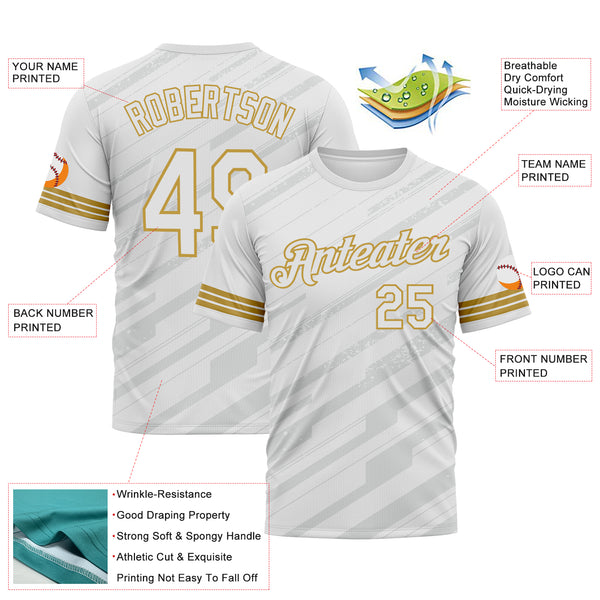 Custom White Gray-Old Gold 3D Pattern Diagonal Stripe Speed Line Performance T-Shirt