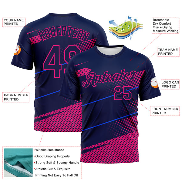 Custom Navy-Hot Pink 3D Pattern Diagonal Stripe Halftone Performance T-Shirt