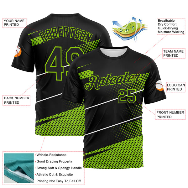 Custom Black Neon Green-White 3D Pattern Diagonal Stripe Halftone Performance T-Shirt