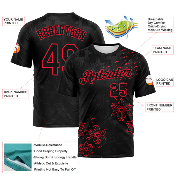 Custom Black-Fire Red 3D Pattern Geometric Star Smoke Effect Performance T-Shirt