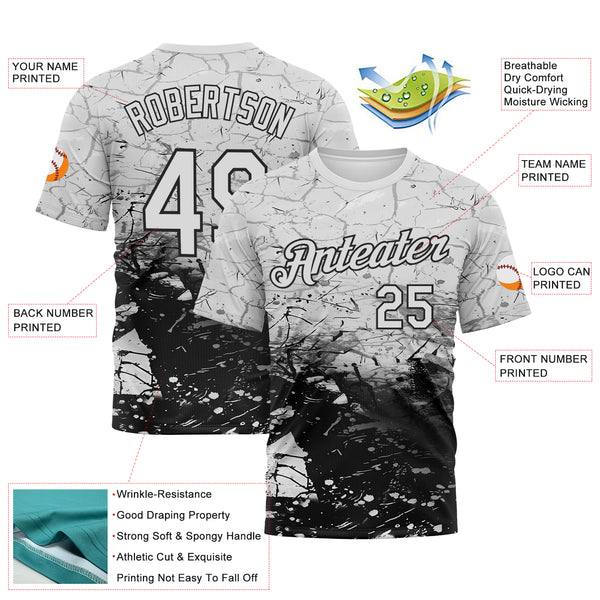 Custom White-Black 3D Pattern Cracked Ink Grunge Jazz Style Performance T-Shirt