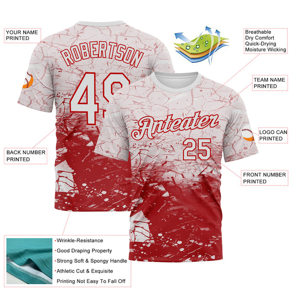 Custom White-Red 3D Pattern Cracked Ink Grunge Jazz Style Performance T-Shirt