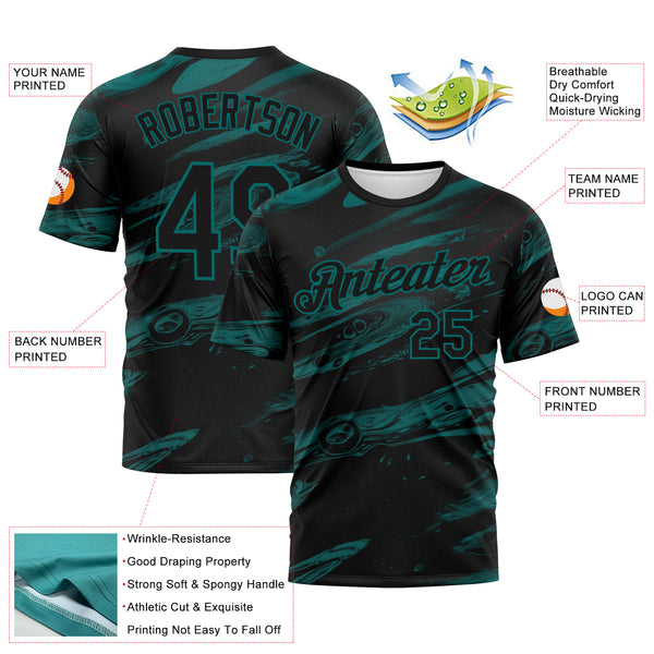 Custom Black-Teal 3D Pattern Lava Splash Ink Wash Performance T-Shirt