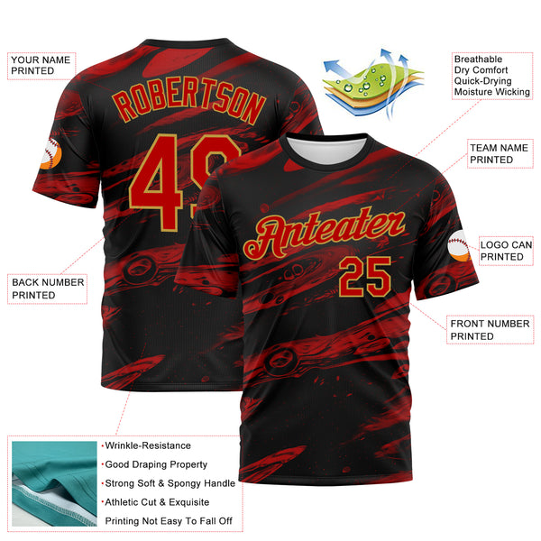 Custom Black Red-Old Gold 3D Pattern Lava Splash Ink Wash Performance T-Shirt