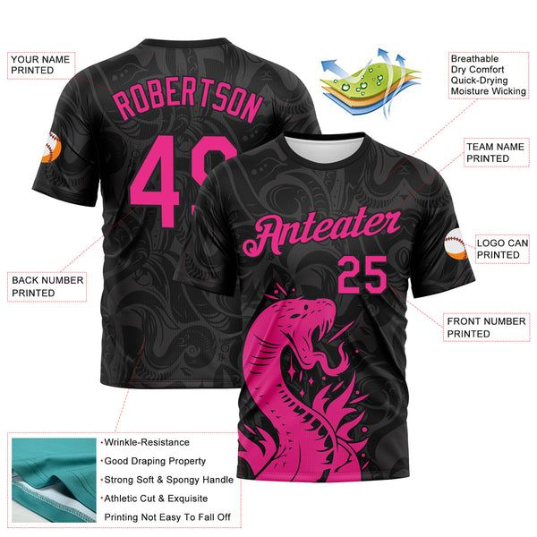 Custom Black-Hot Pink 3D Pattern Tribal Snake Performance T-Shirt