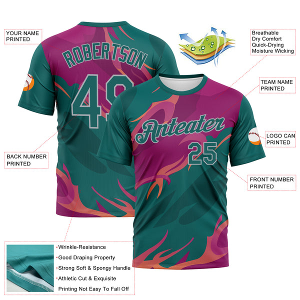 Custom Teal Deep Pink-Gray 3D Pattern Flame Abstract Style Performance T-Shirt