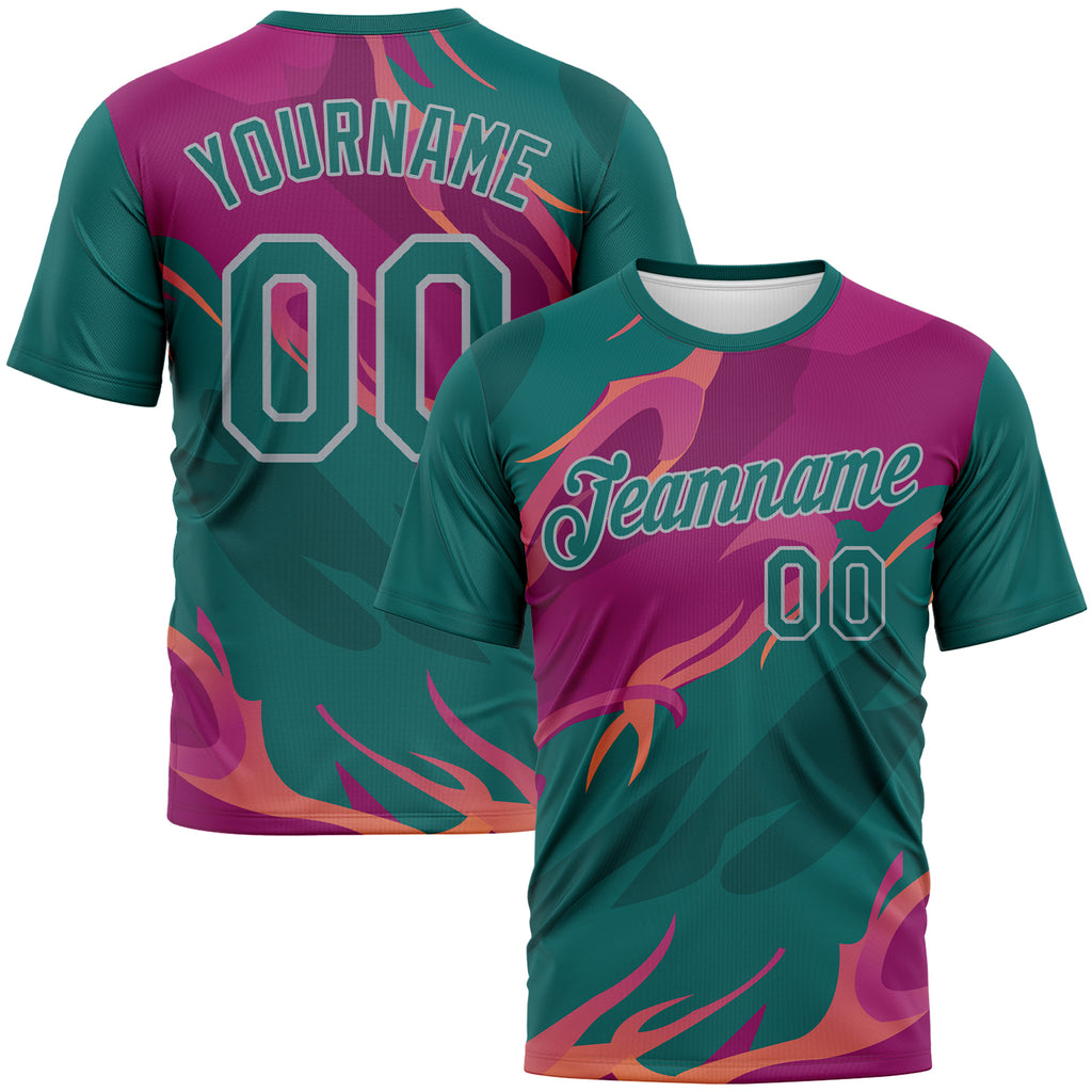 Custom Teal Deep Pink-Gray 3D Pattern Flame Abstract Style Performance T-Shirt