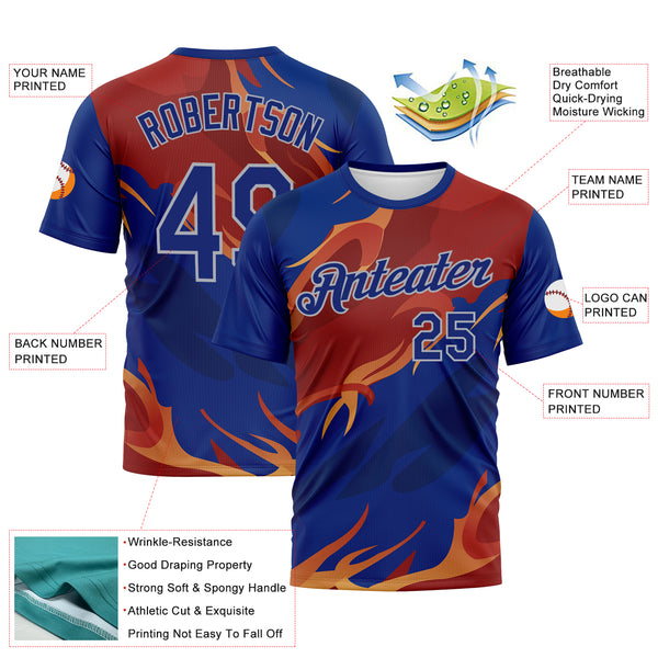 Custom Royal Texas Orange-Gray 3D Pattern Flame Abstract Style Performance T-Shirt