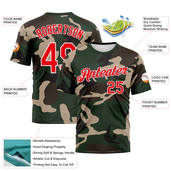 Custom Green Fire Red Olive-White 3D Pattern Camouflage Performance T-Shirt