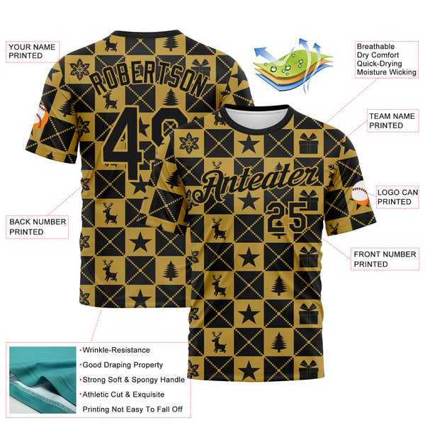 Custom Black-Old Gold 3D Pattern Christmas Buffalo Check Performance T-Shirt