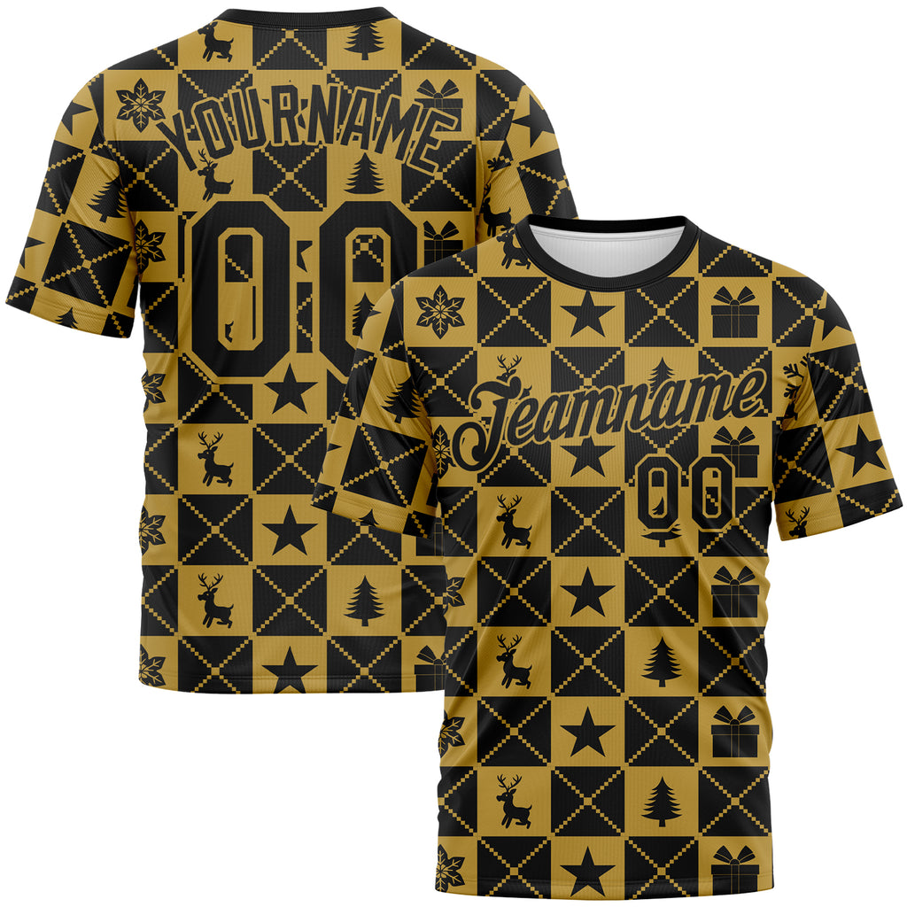 Custom Black-Old Gold 3D Pattern Christmas Buffalo Check Performance T-Shirt