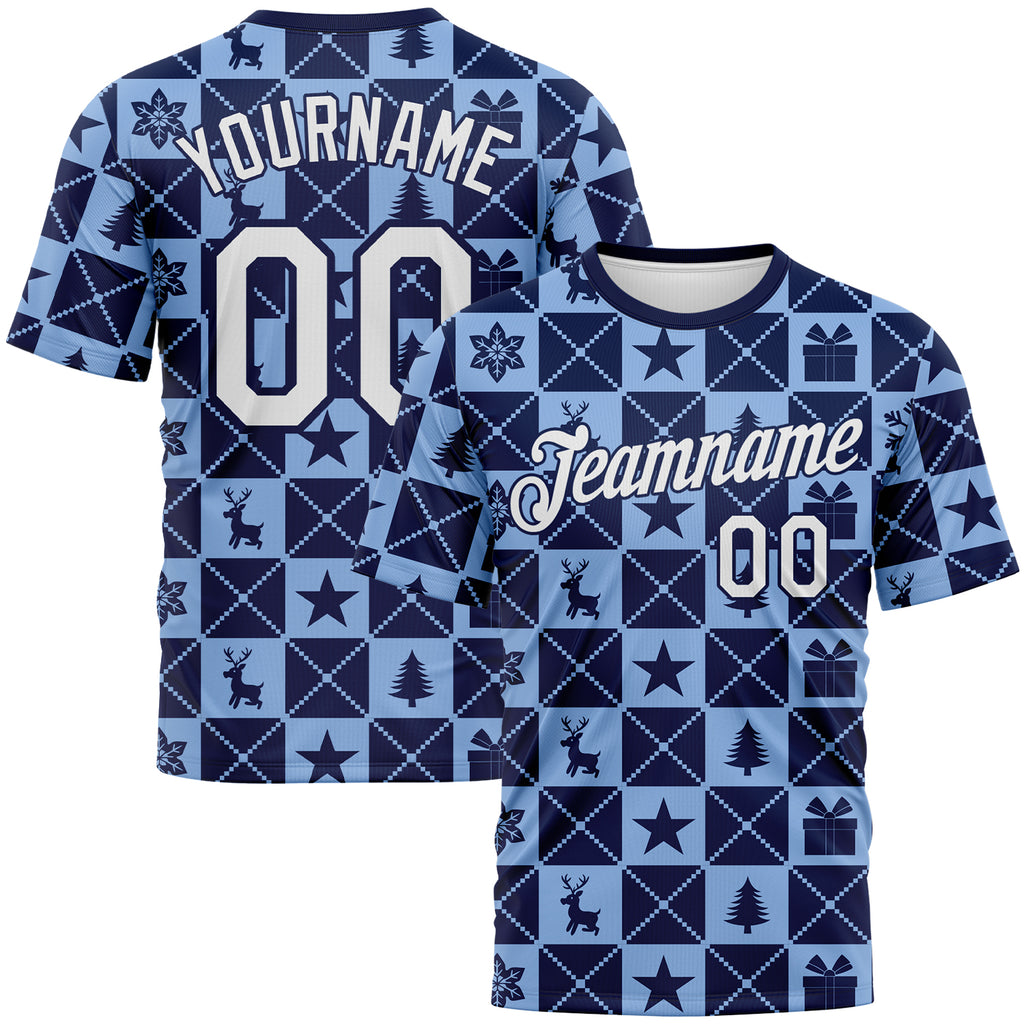 Custom Navy White-Light Blue 3D Pattern Christmas Buffalo Check Performance T-Shirt