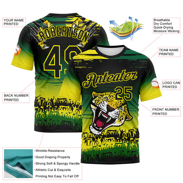 Custom Black Kelly Green-Light Yellow 3D Pattern Leopard Performance T-Shirt