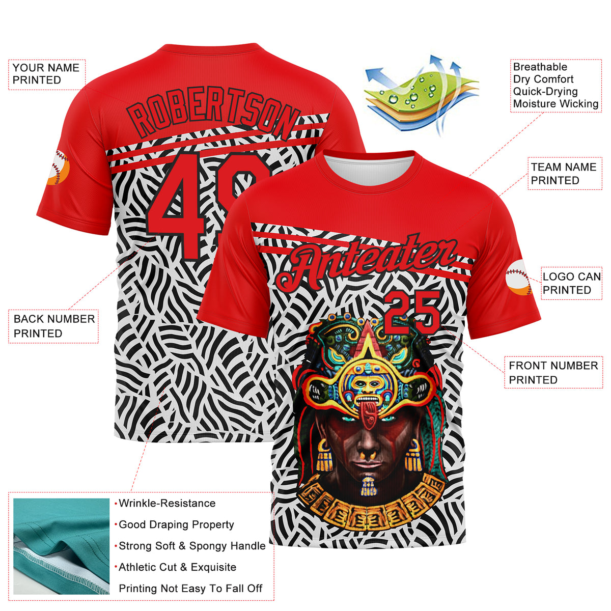 Custom Azteca Performance T-Shirt Fire Red Black White – Fiitg