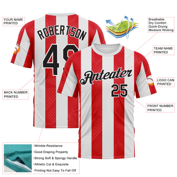 Custom Red Black-White 3D Pattern Vertical Stripe Classic Performance T-Shirt
