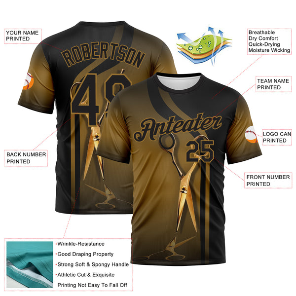 Custom Black-Old Gold 3D Pattern Scissors Barber Shop Performance T-Shirt
